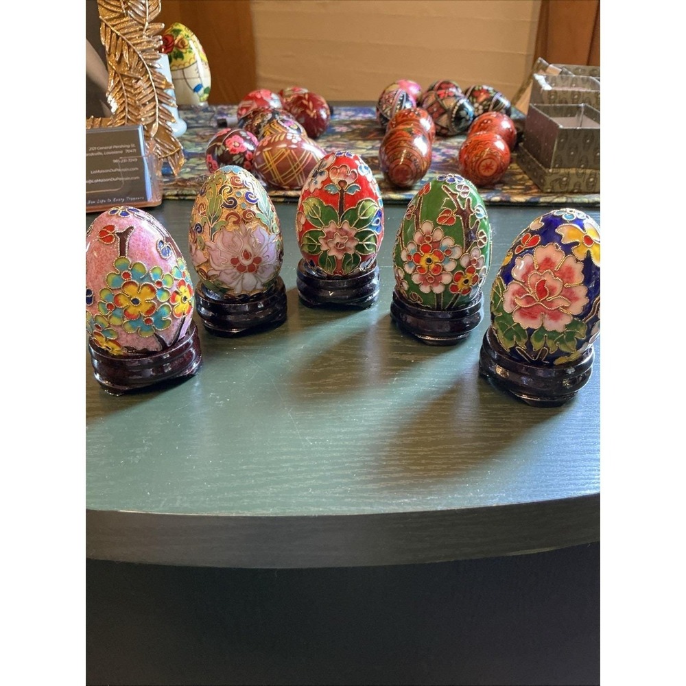 Vintage Group Of 5 Multicolor Cloisonné 2.5" Eggs W/Stands‎ & Boxes